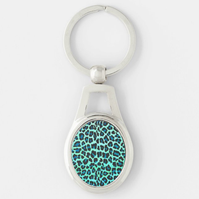 Leopard Black and Teal Print Key Ring (Front)