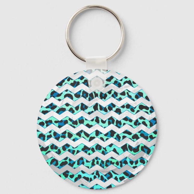 Leopard Black and Teal Print Key Ring (Front)