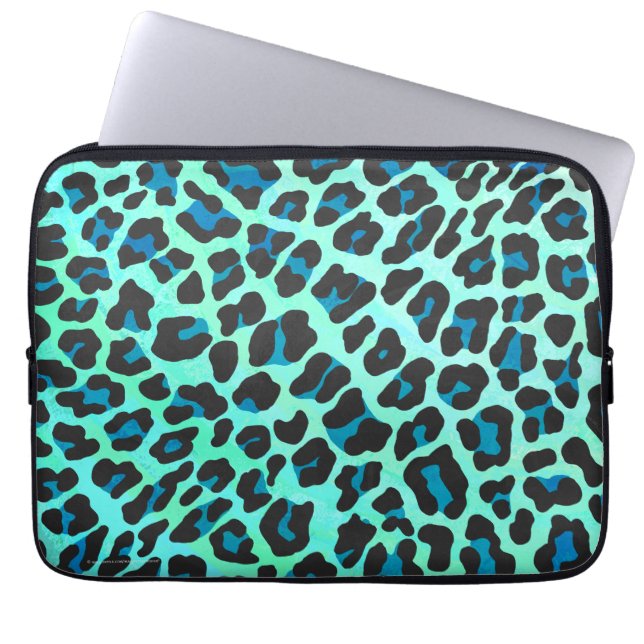 Leopard Black and Teal Print Laptop Sleeve (Front)