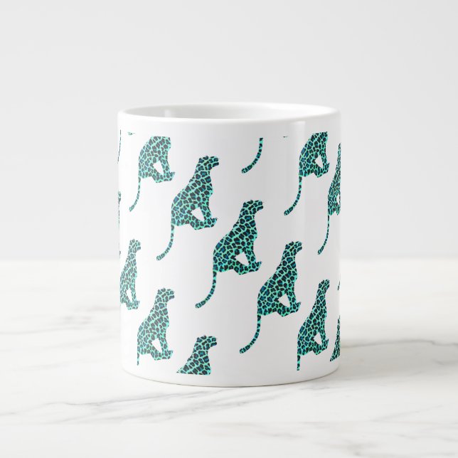 Leopard Black and Teal Print Large Coffee Mug (Front)