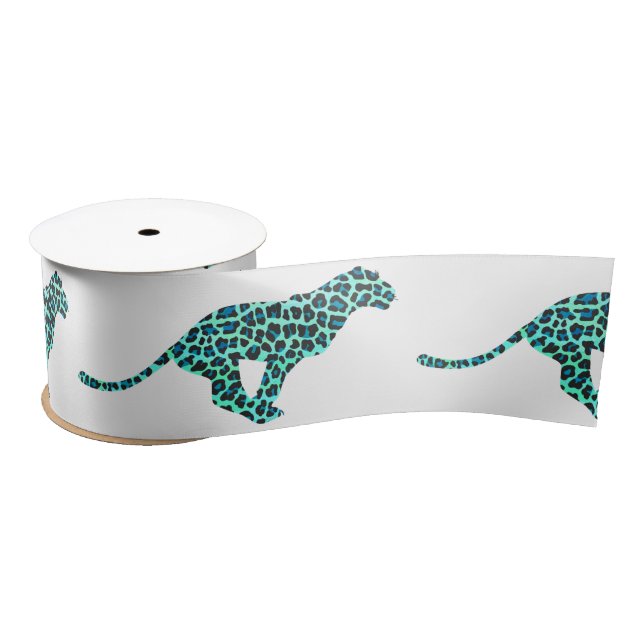 Leopard Black and Teal Print Satin Ribbon (Spool)