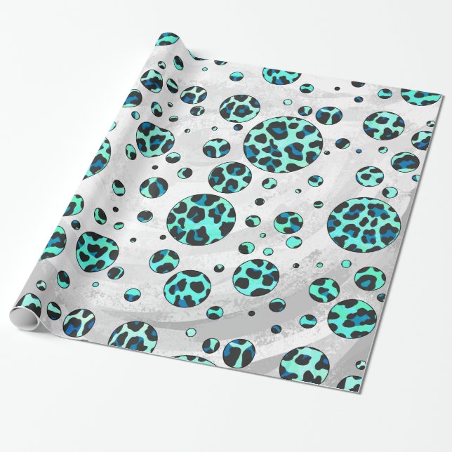 Leopard Black and Teal Print Wrapping Paper (Unrolled)