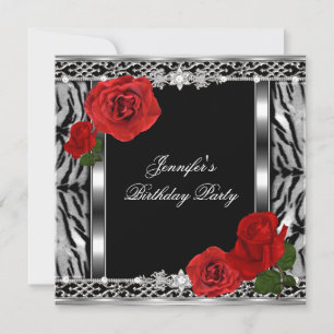 Leopard Black Birthday Red Rose Flowers Any Age Invitation