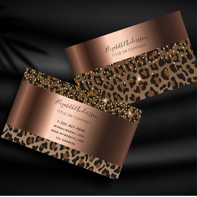 Leopard black brown sparkle glam bronze metallic business card (Creator Uploaded)