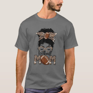Leopard Black Football Mom Game Day Messy Bun Moth T-Shirt