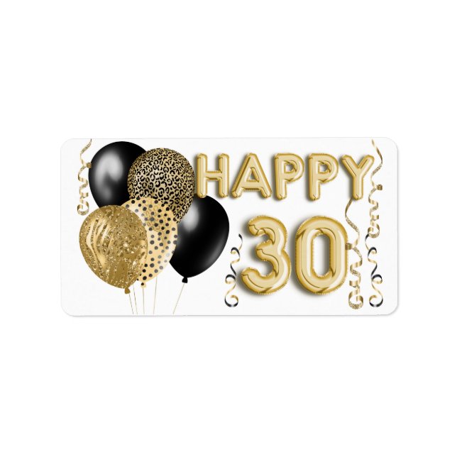 Leopard Black Gold Balloons 30th Birthday Label (Front)