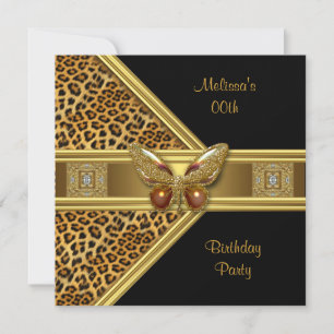 Leopard Black Gold Butterfly Image Birthday Party Invitation