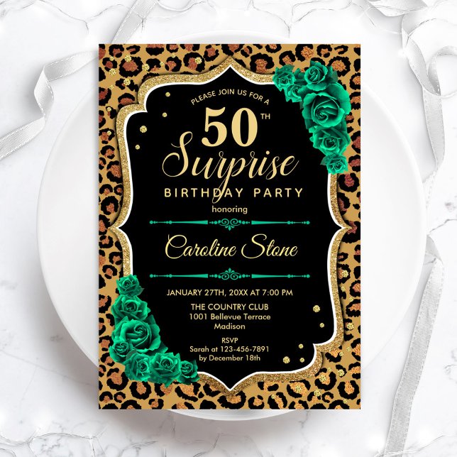 Leopard Black Gold Green Surprise 50th Birthday Invitation (Creator Uploaded)