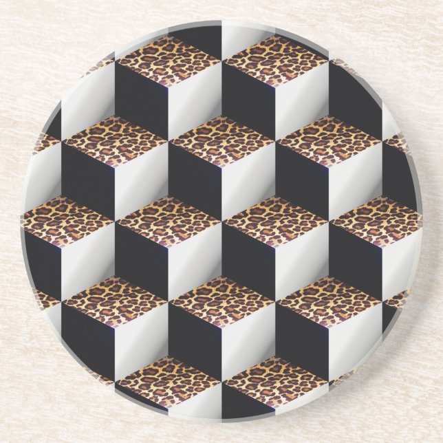 Leopard Black White Shaded 3D Look Cubes Coaster (Front)