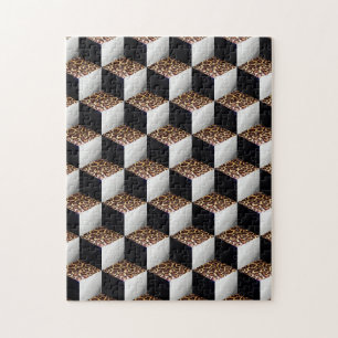 Leopard Black White Shaded 3D Look Cubes Jigsaw Puzzle