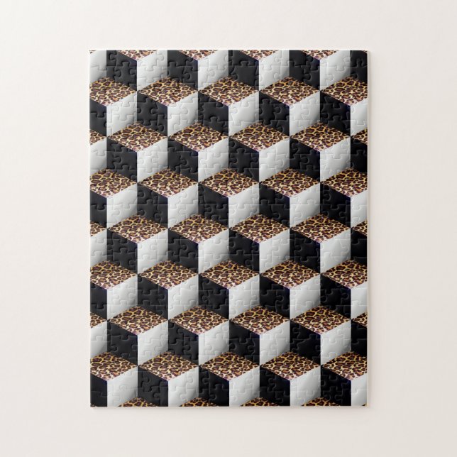 Leopard Black White Shaded 3D Look Cubes Jigsaw Puzzle (Vertical)
