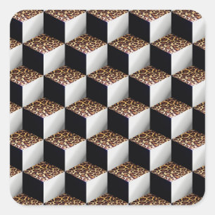 Leopard Black White Shaded 3D Look Cubes Square Sticker