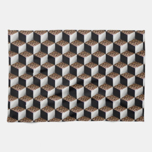 Leopard Black White Shaded 3D Look Cubes Tea Towel