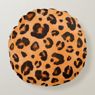 Leopard black yellow orange brown seamless backgro round cushion