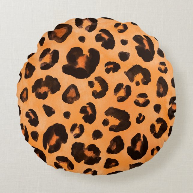 Leopard black yellow orange brown seamless backgro round cushion (Front)
