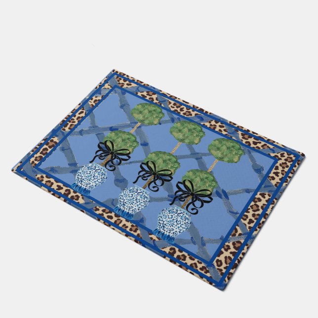 Leopard Blue Bamboo Chinoiserie Ginger Jar Doormat (Angled)