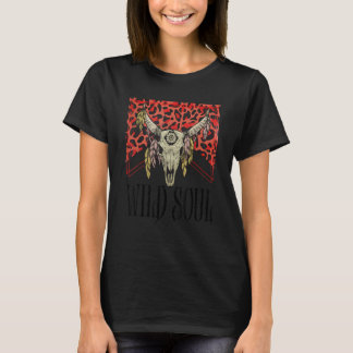 Leopard Boho Bull Skull Wild Soul Western Country  T-Shirt