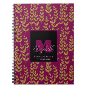 Leopard Botanical Wine Pink Monogram Custom Name Notebook