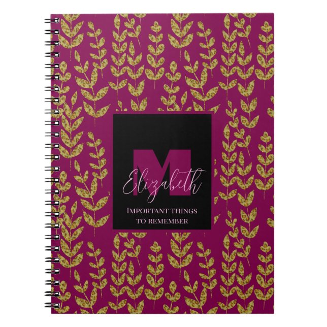 Leopard Botanical Wine Pink Monogram Custom Name  Notebook (Front)