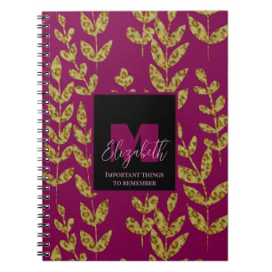 Leopard Botanical Wine Pink Monogram Custom Name Notebook