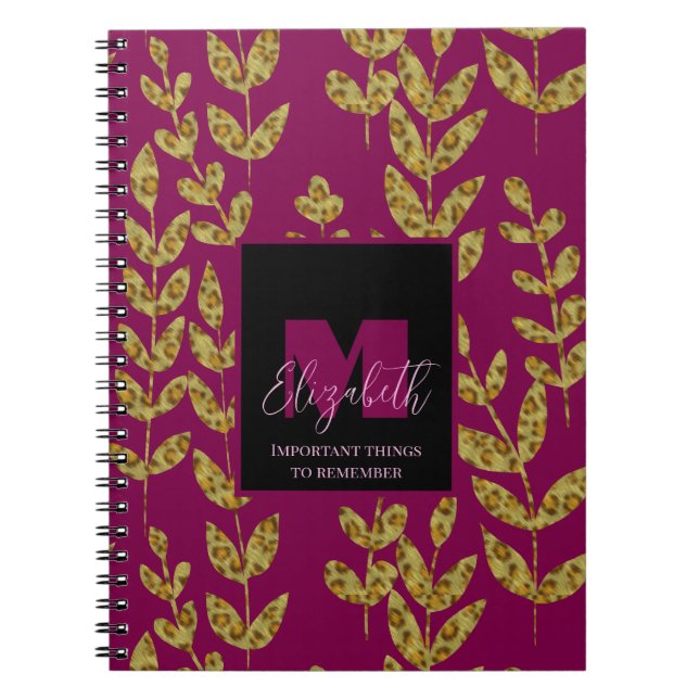 Leopard Botanical Wine Pink Monogram Custom Name  Notebook (Front)