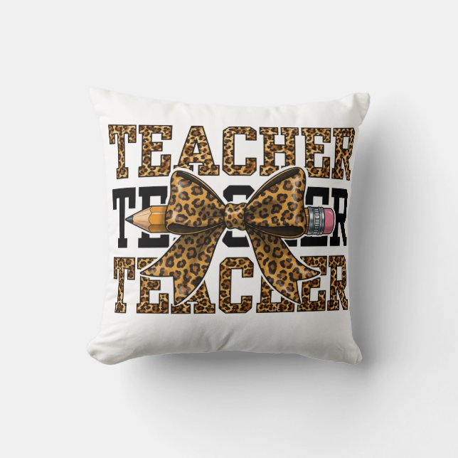 Leopard Bow Teacher School Pencil Cute Classroom  Cushion (Front)