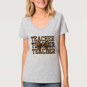 Leopard Bow Teacher School Pencil Cute Classroom T-Shirt
