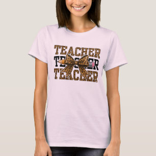 Leopard Bow Teacher School Pencil Cute Classroom T-Shirt