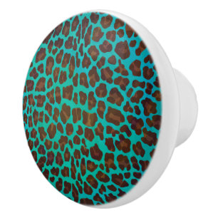 Leopard Brown and Teal Print Ceramic Knob