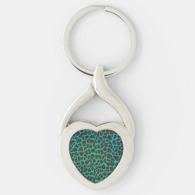 Leopard Brown and Teal Print Key Ring (Front)