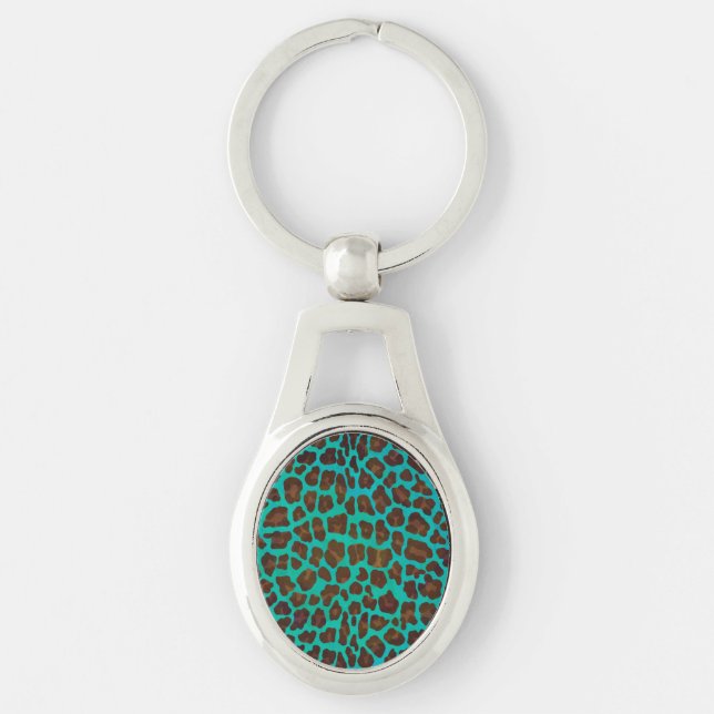 Leopard Brown and Teal Print Key Ring (Front)