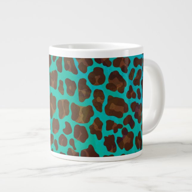 Leopard Brown and Teal Print Large Coffee Mug (Front Right)
