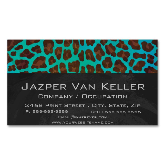 Leopard Brown and Teal Print Magnetic Business Card (Front)
