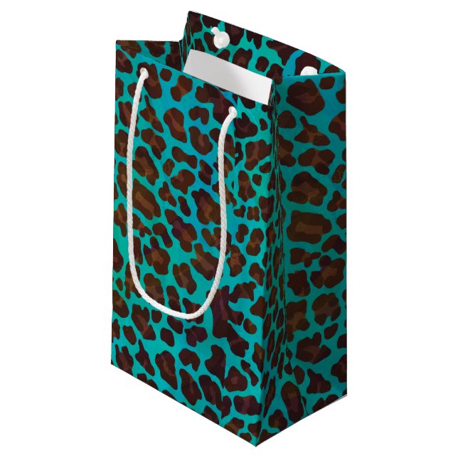 Leopard Brown and Teal Print Small Gift Bag (Front Angled)