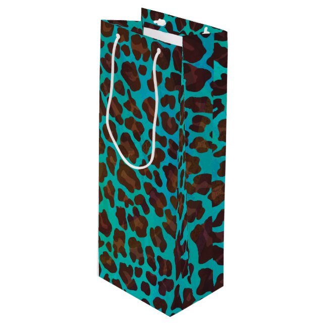 Leopard Brown and Teal Print Wine Gift Bag (Front Angled)