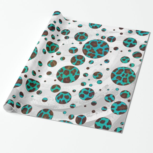 Leopard Brown and Teal Print Wrapping Paper (Unrolled)