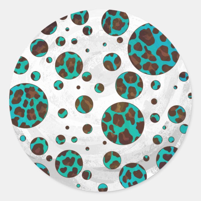 Leopard Brown and Teal PrintPolka Dots Classic Round Sticker (Front)