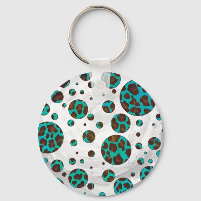 Leopard Brown and Teal PrintPolka Dots Key Ring (Front)