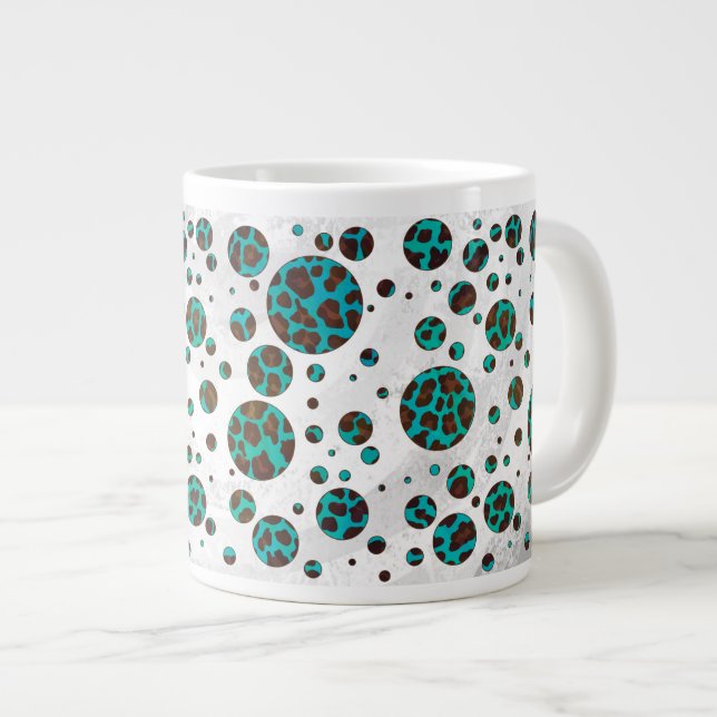 Leopard Brown and Teal PrintPolka Dots Large Coffee Mug (Front Right)