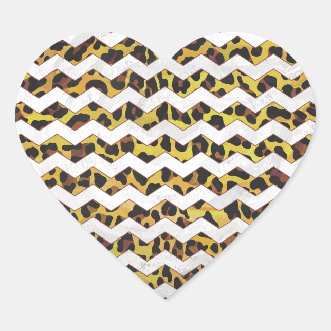 Leopard Brown and Yellow Cevron Print Heart Sticker (Front)