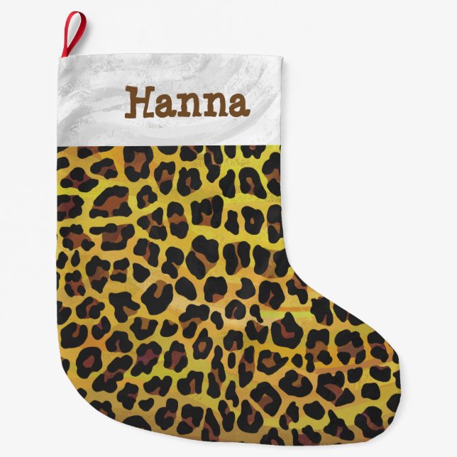 Leopard Brown and Yellow Print Large Christmas Stocking (Front)