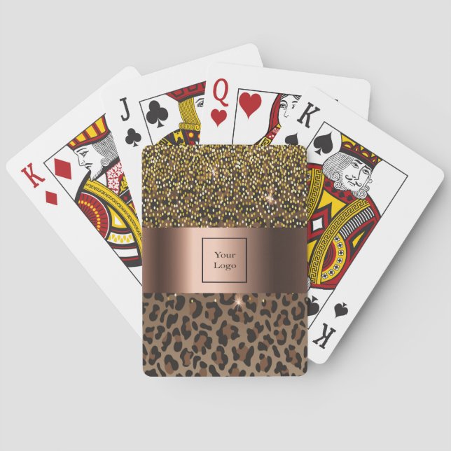 Leopard brown black confetti glam logo playing cards (Back)