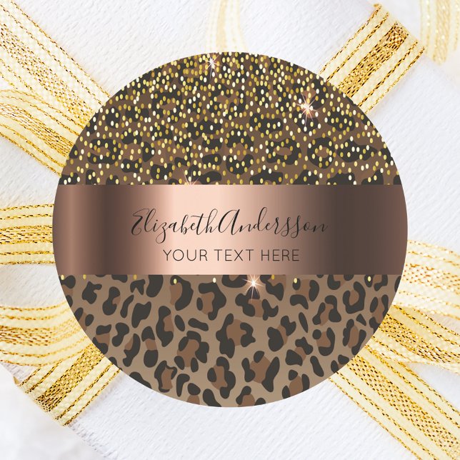 Leopard brown black confetti glam name text classic round sticker (Creator Uploaded)