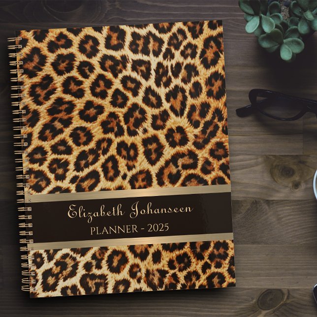 Leopard brown bronze pattern gold foil stripe name planner (Creator Uploaded)