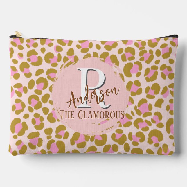 Leopard Brown Pink Beige Personalised Accessory Pouch (Front)