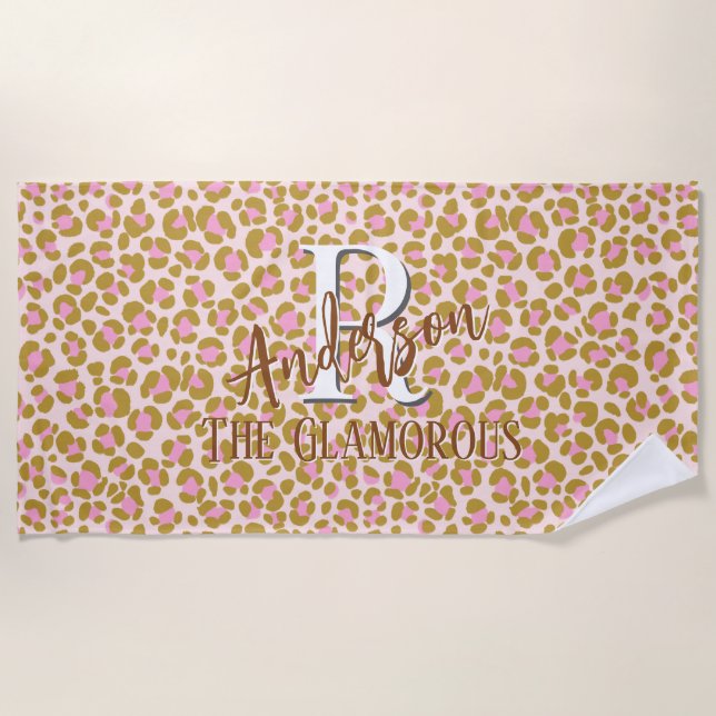 Leopard Brown Pink Beige Personalised Beach Towel (Front)