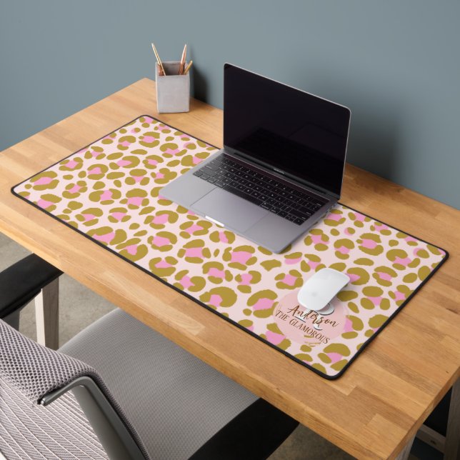 Leopard Brown Pink Beige Personalised Desk Mat (Office 2)