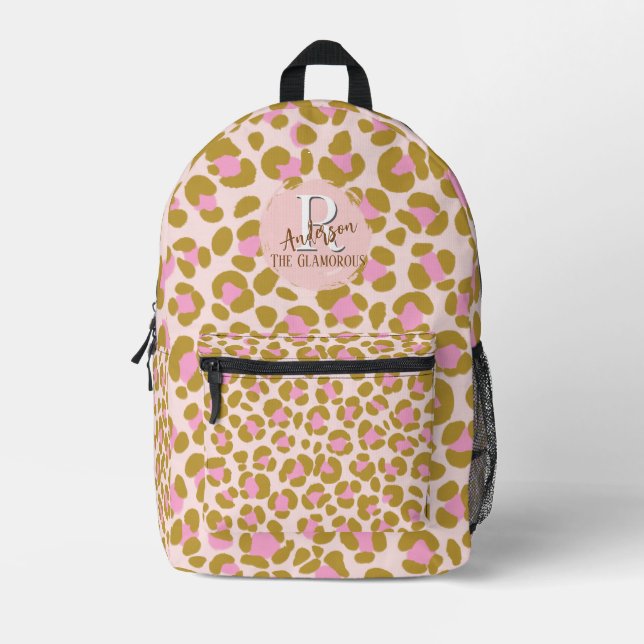 Leopard Brown Pink Beige Personalised Printed Backpack (Front)
