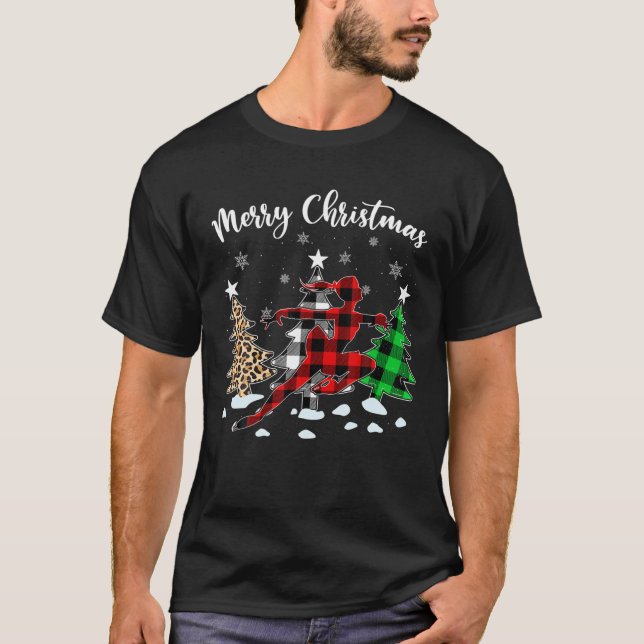 Leopard Buffalo Plaid Ice Skating Player Christmas T-Shirt (Front)