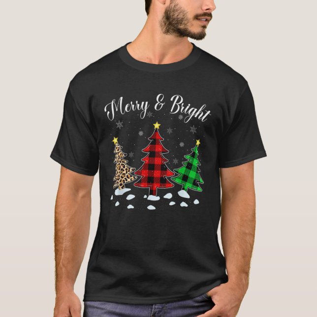Leopard Buffalo Plaid Merry And Bright Christmas T T-Shirt (Front)